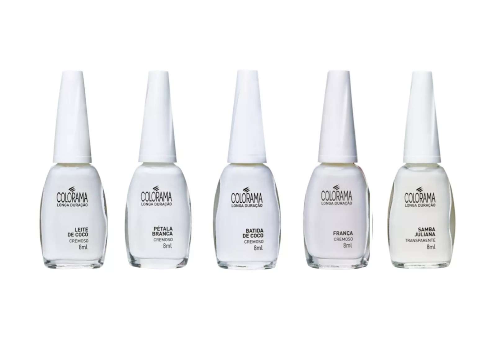 Conjunto de cinco vernizes para unhas COLOURAMA com tampas brancas e rótulos com nomes variados sobre fundo branco.