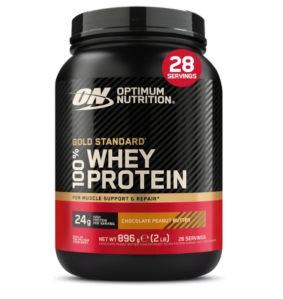 Embalagem preta de 100% Whey Protein Optimum Nutrition sabor chocolate e manteiga de amendoim.