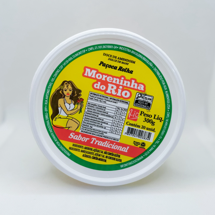 Embalagem de paçoca rolha Moreninha do Rio com rótulo colorido e ilustração