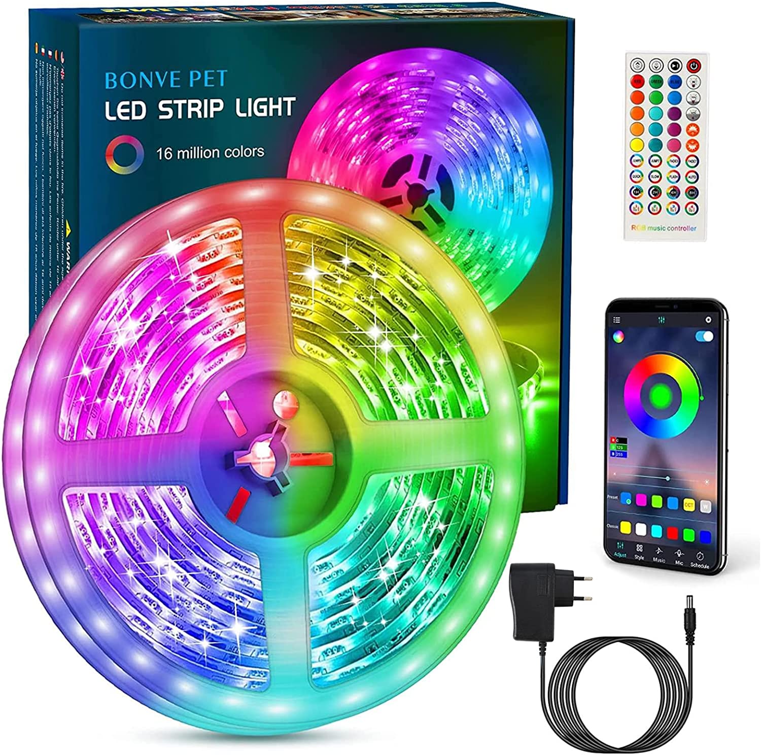 Tira de luz LED colorida com controlo remoto, carregador e aplicação no telemóvel