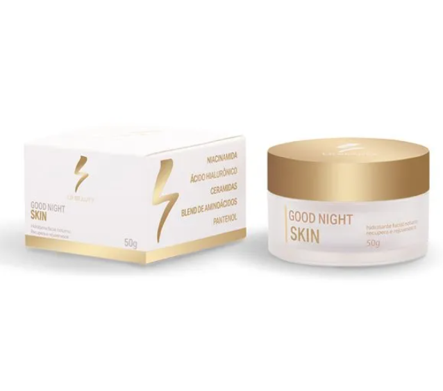 Frasco e caixa do creme facial GOOD NIGHT SKIN com textos em branco e dourado