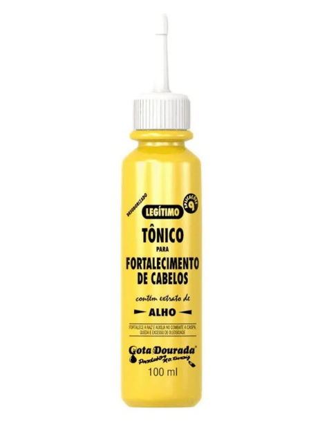 Frasco amarelo de tônico para fortalecimento de cabelos com tampa branca e texto preto.