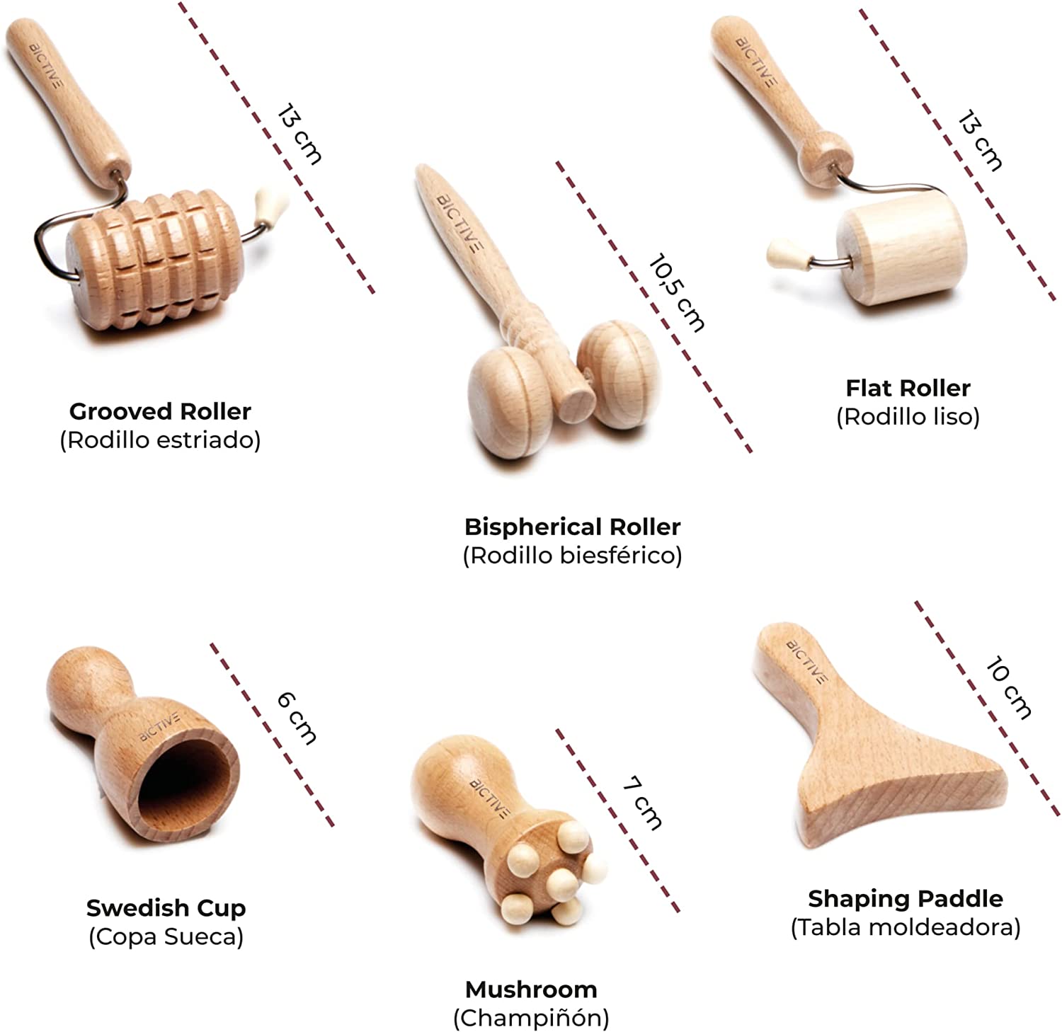Seis rolos e moldadores de madeira para massagem em fundo branco, com etiquetas em inglês e português.