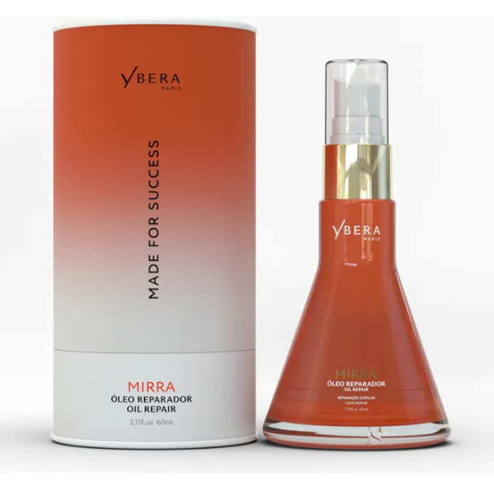 Frasco e embalagem do óleo reparador Mirra Ybera laranja e branco