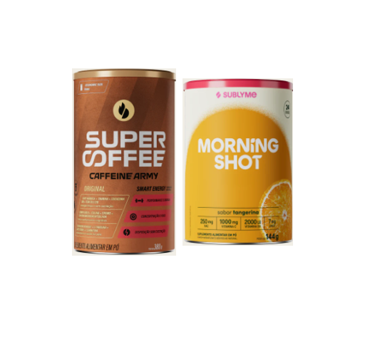 Dois recipientes de suplemento alimentar em pó, um SUPER COFFEE e outro MORNING SHOT sabor tangerina