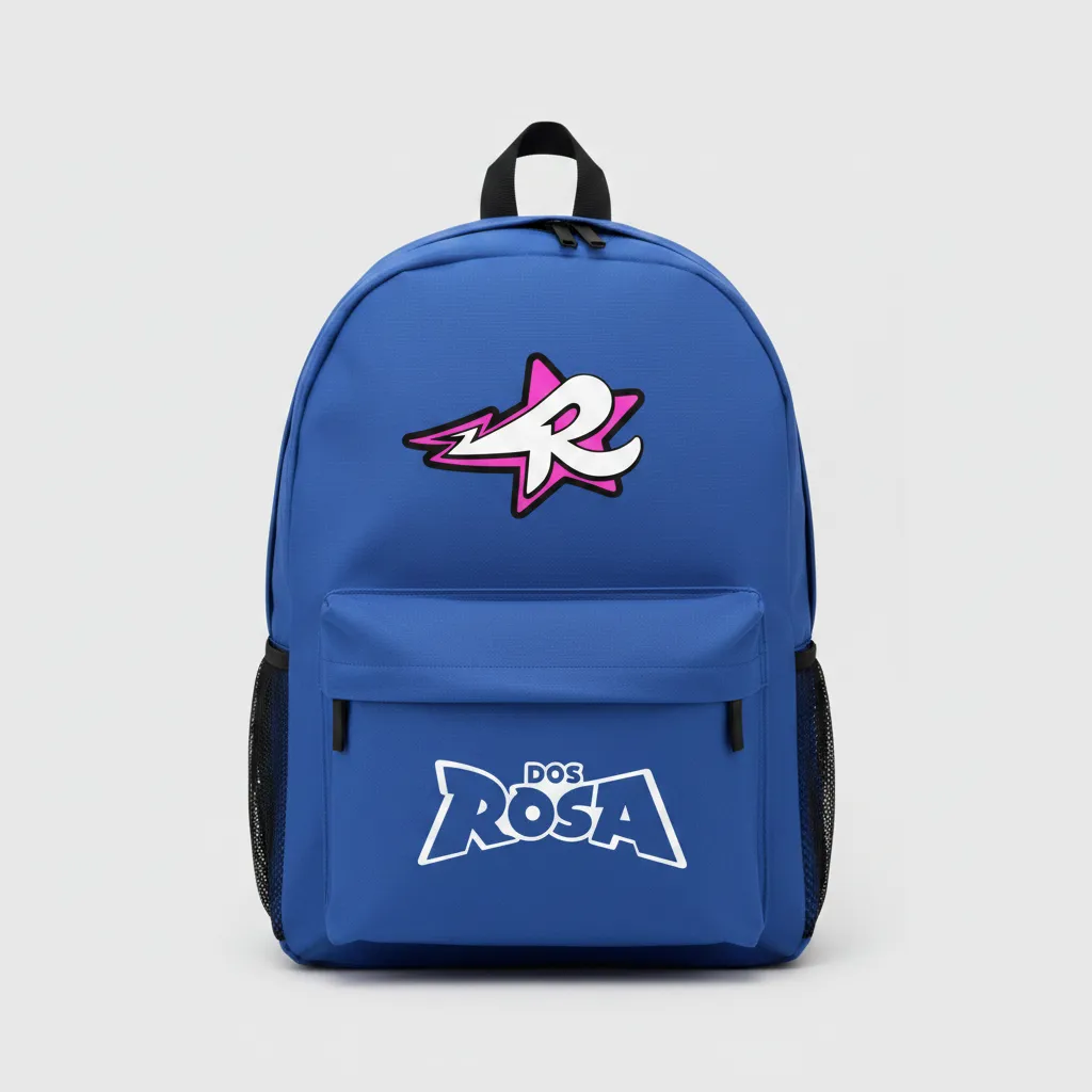 Mochila azul com bolso frontal e logos em branco e rosa