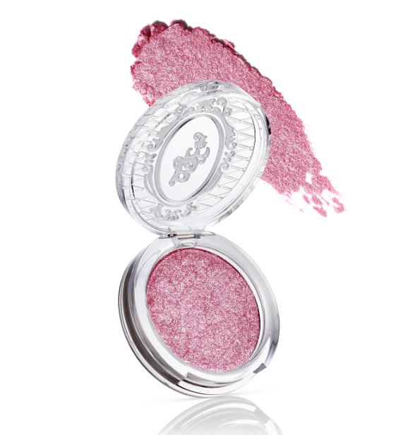Sombra de olhos rosa cintilante em estojo transparente aberto