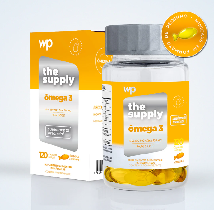 Suplemento alimentar wp the supply ômega 3 em cápsulas amarelas com embalagem branca e amarela