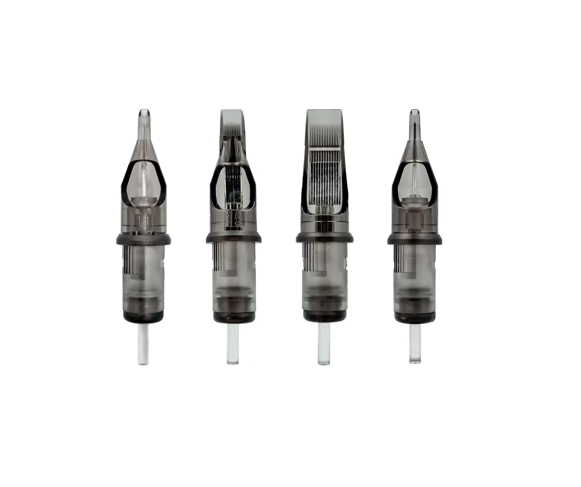 Quatro ponteiras de tatuagem em plástico cinza translúcido de diferentes formatos lado a lado