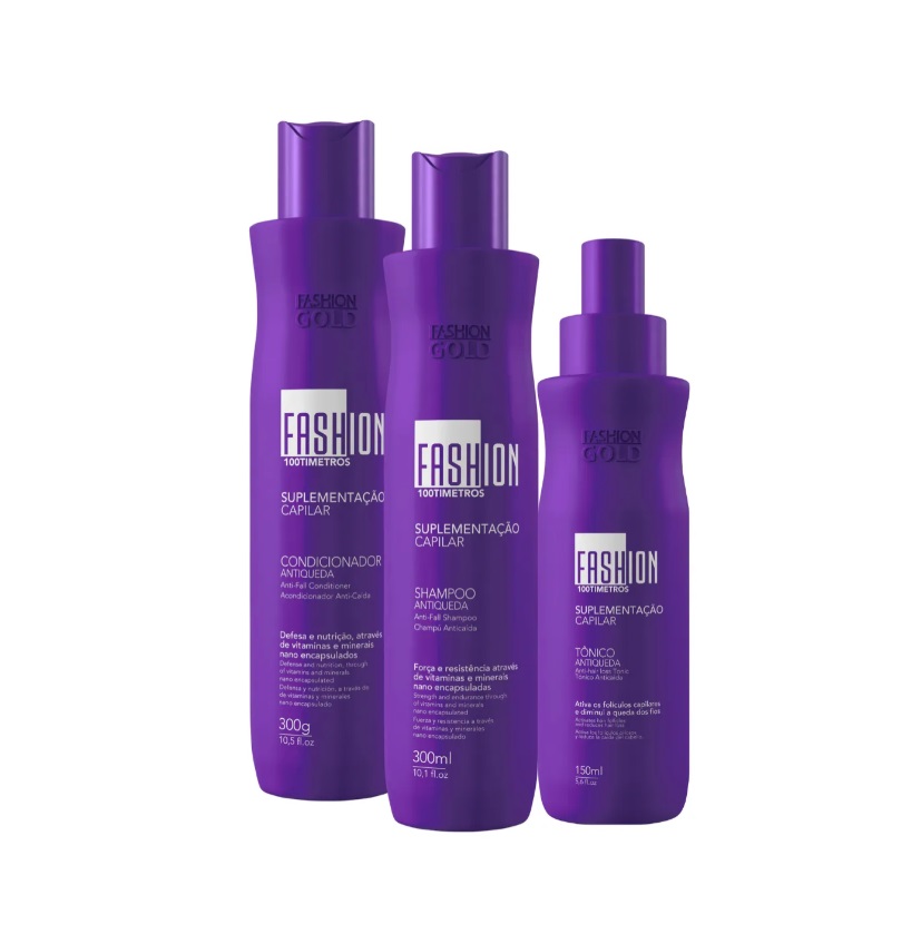 Três frascos roxos de produtos capilares FASHION COSMETICOS