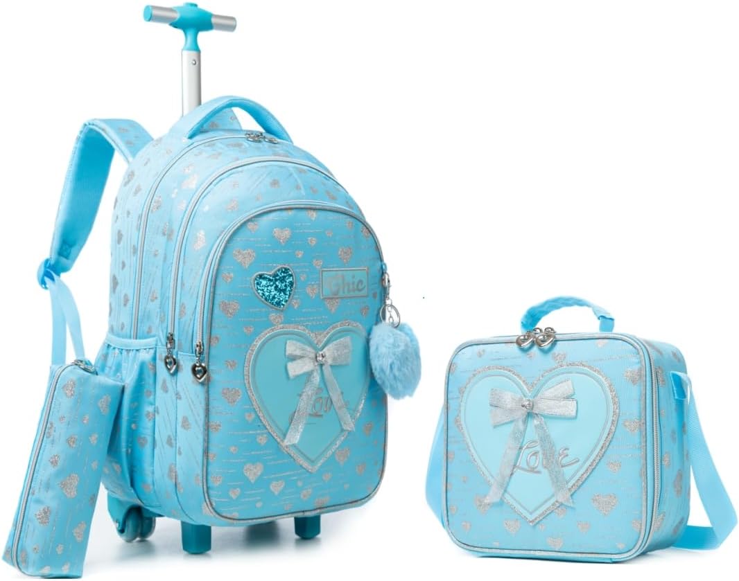 Mochila azul claro com padrão de corações e lancheira combinando