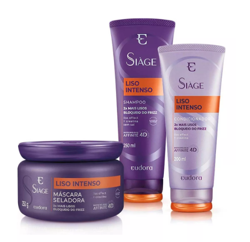 Produtos de cabelo Eudora Siàge Liso Intenso, máscara, shampoo e condicionador em embalagens roxa e lilás com rótulos laranja.