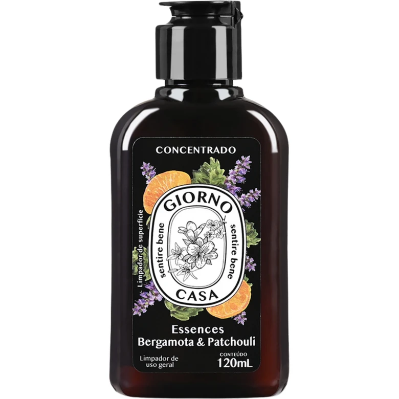 Frasco preto com rótulo colorido de concentrado Essences Bergamota & Patchouli GIORNO CASA