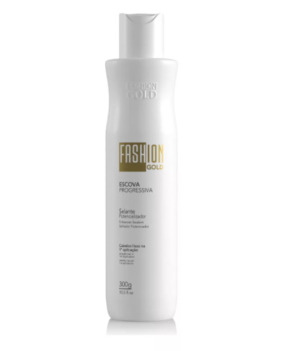 Frasco branco com tampa branca de produto capilar FASHION GOLD Escova Progressiva