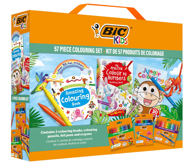 Conjunto de pintura BIC Kids com livros e materiais para colorir numa caixa colorida com alça