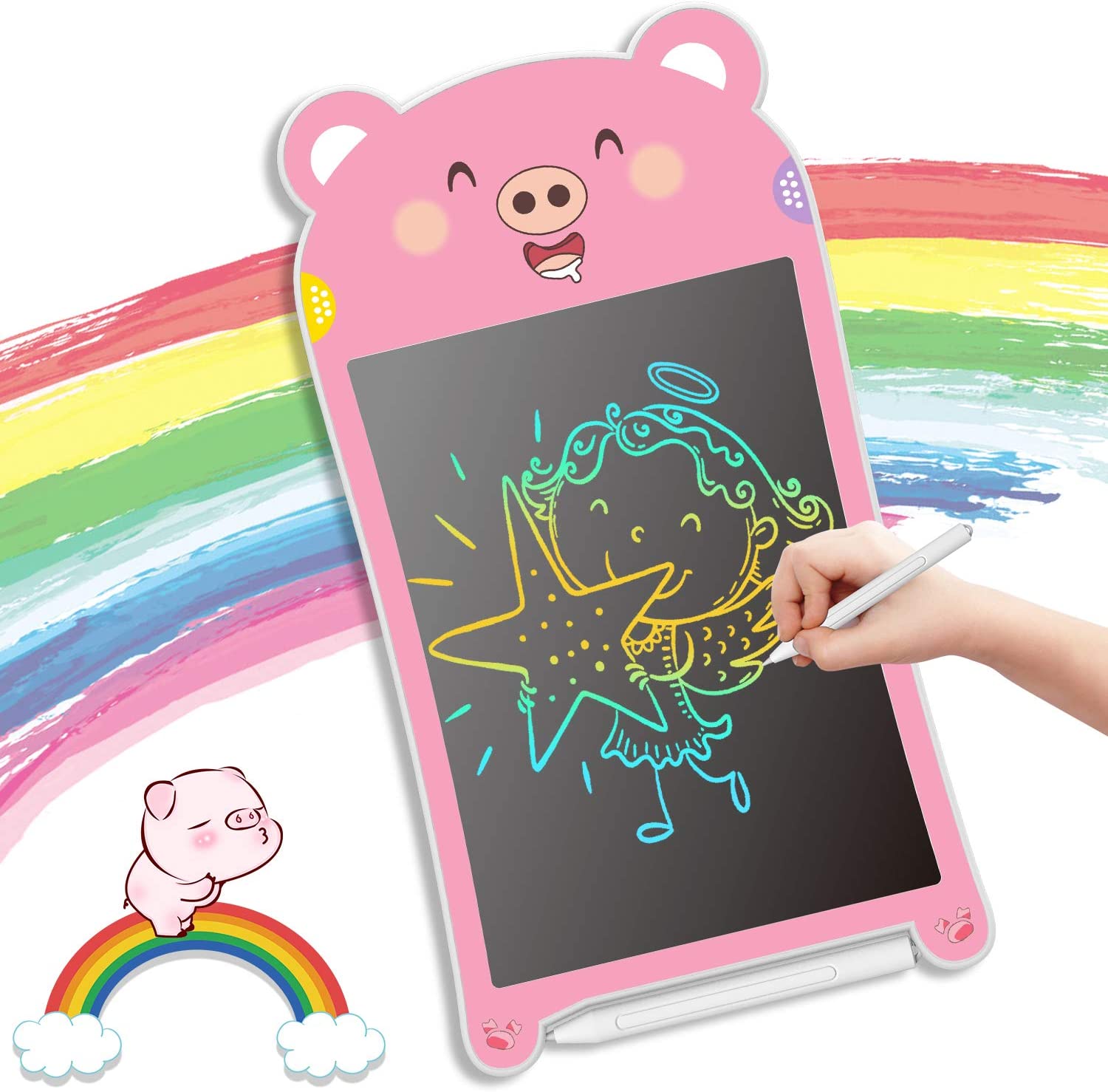 Tablet de desenho digital rosa em forma de porco com ecrã para desenhar colorido e arco-íris de fundo