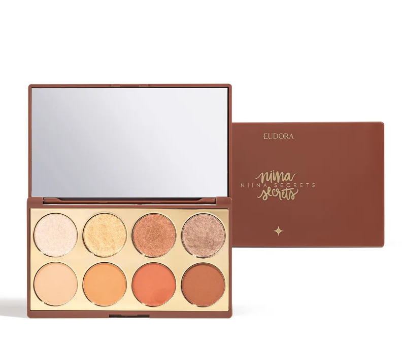 Paleta de sombras castanha com oito tons e espelho interno