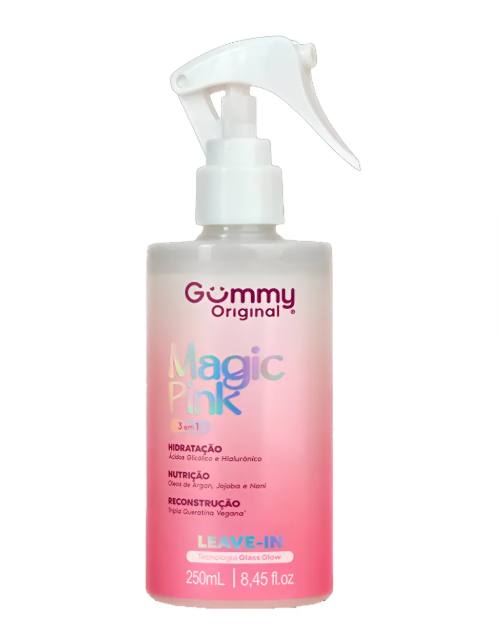Frasco com spray branco contendo produto capilar Magic Pink Gummy Original rosa