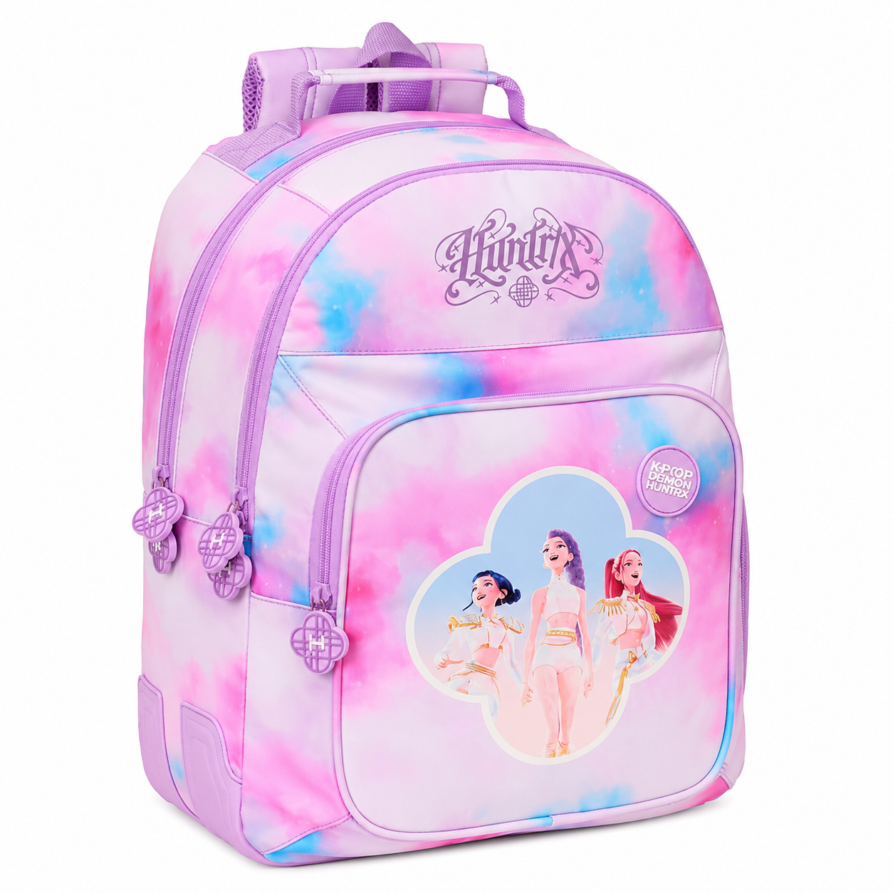 Mochila rosa com ilustração de três personagens femininas animadas e textos KPOP DEMON HUNTRX e HuntrX