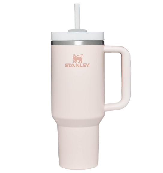 Copo térmico cor de rosa claro com pega e tampa branca com canudo