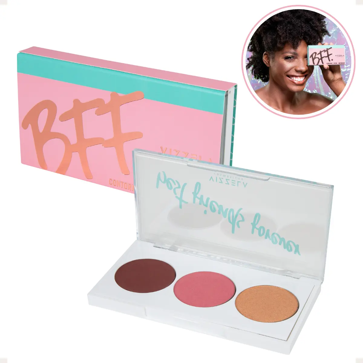 Paleta de maquilhagem com cores castanho, rosa e dourado e embalagem rosa com verde água e texto BFF