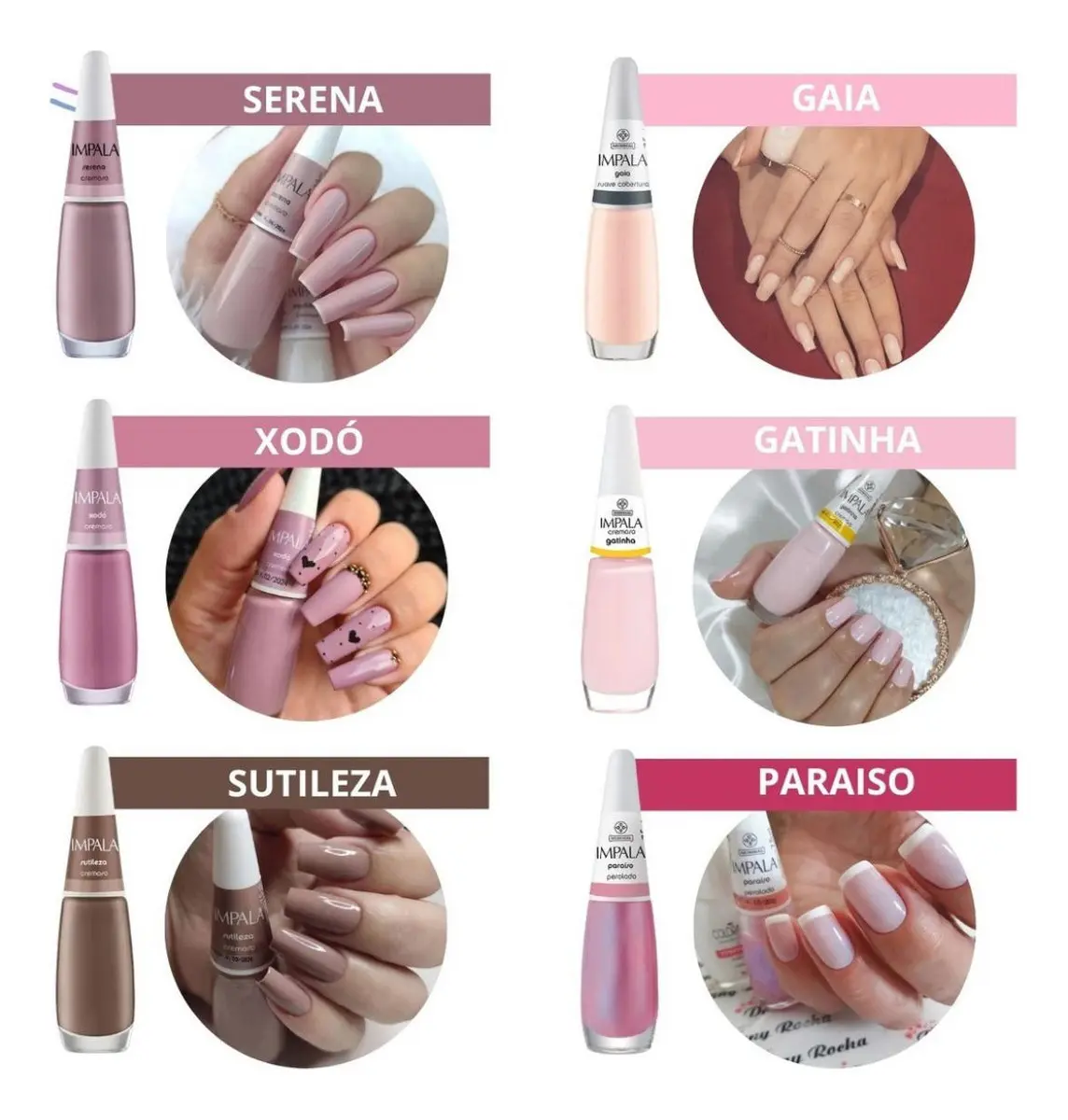 Vernizes IMPALA em várias cores com unhas pintadas correspondentes