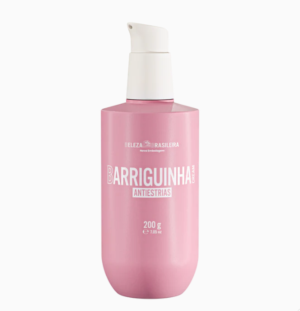 Frasco rosa com doseador branco de creme antiestrias para barriguinha, 200g, Beleza Brasileira