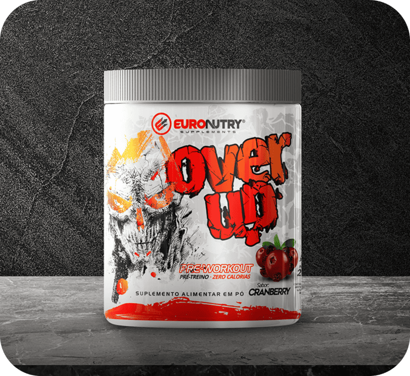 Recipiente de suplemento alimentar Over Up da EURONUTRY sabor Cranberry.