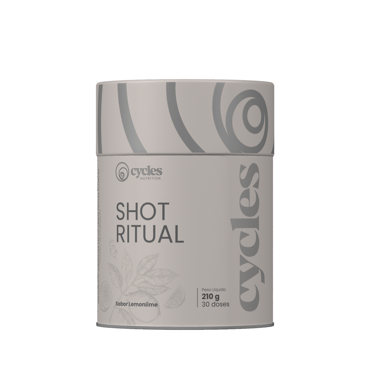 Embalagem cilíndrica branca com tampa cinza clara do produto SHOT RITUAL da cycles Nutrition com sabor lemonlime