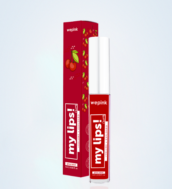 Glos labial vermelho Wepink com embalagem vermelha e cerejas