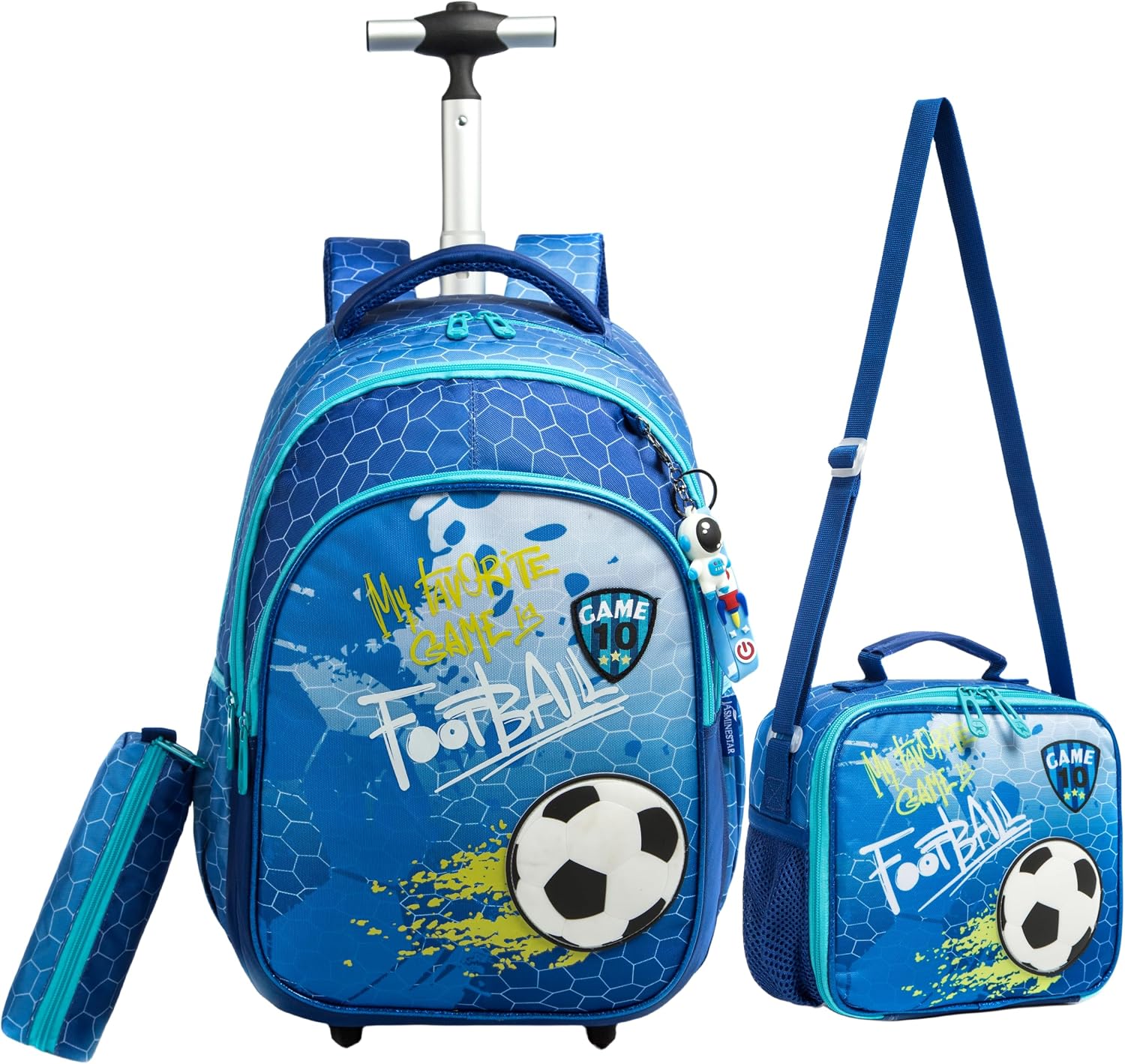 Conjunto azul de mochila com rodas, estojo e lancheira com estampa de futebol.