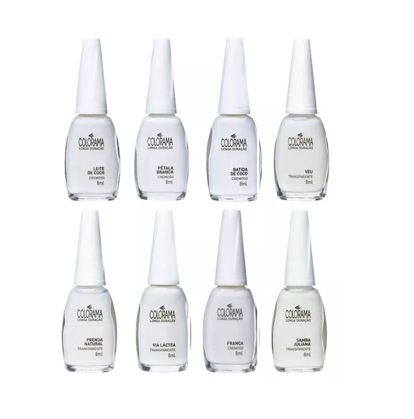 Oito frascos de verniz para unhas Colorama em várias tonalidades claras organizados em duas filas.