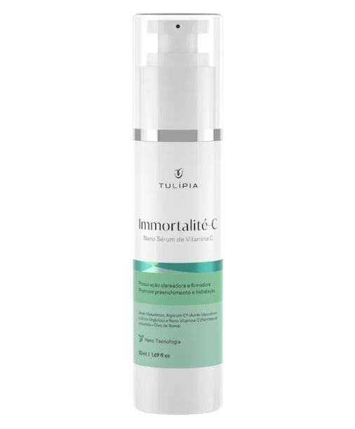 Frasco branco com tampa transparente de sérum facial Immortalité-C da marca TULÍPIA com rótulo verde.