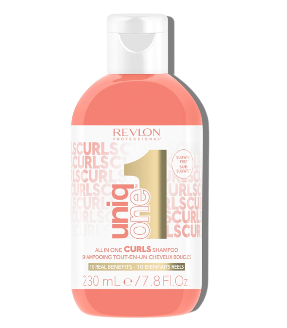 Frasco de shampoo Uniq One All in One Curls da Revlon cor-de-rosa com tampa branca