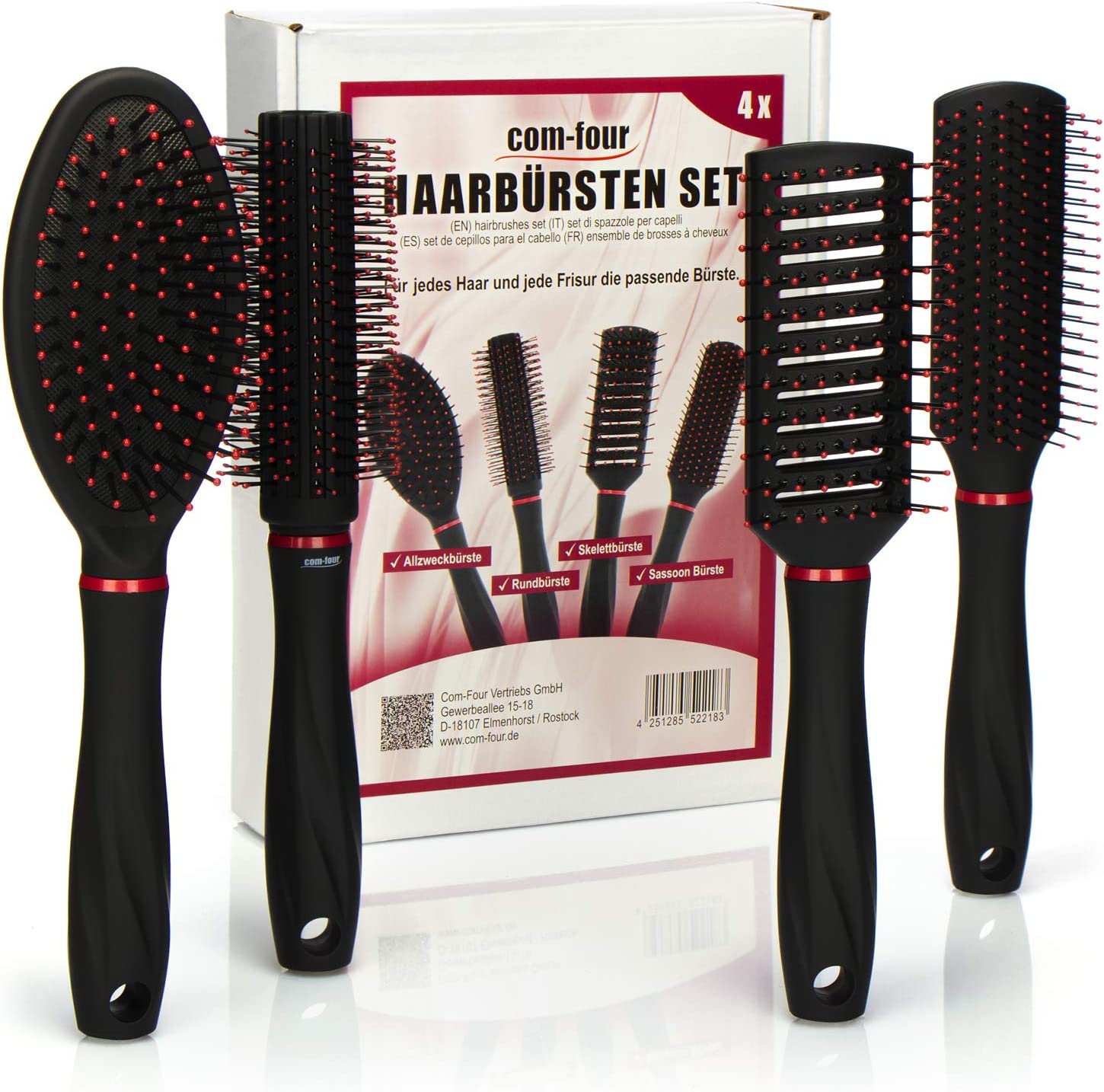 Conjunto de 4 escovas de cabelo pretas com cerdas vermelhas