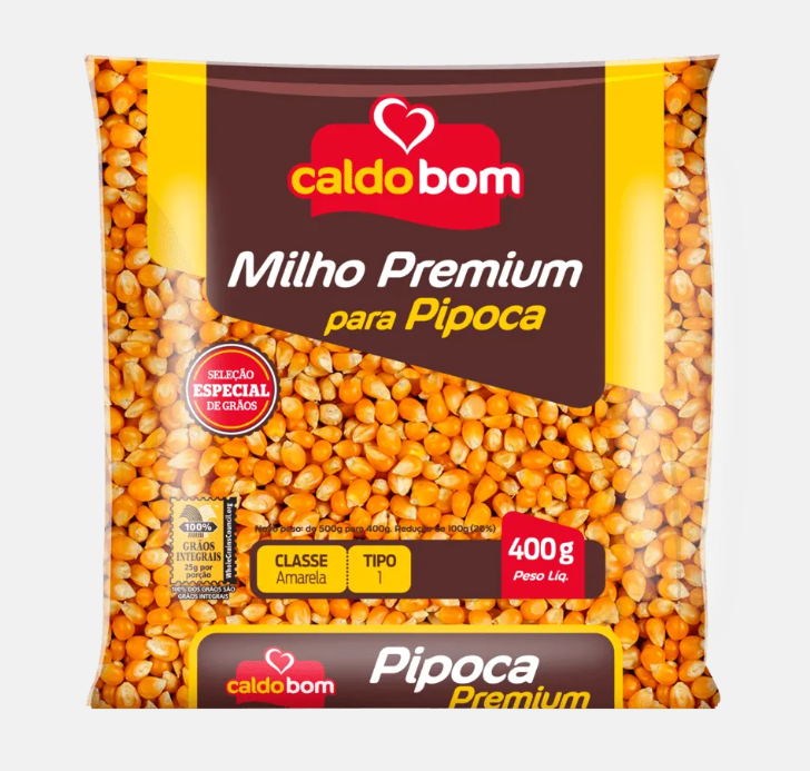Pacote de milho para pipoca Caldo Bom com texto e grãos visíveis