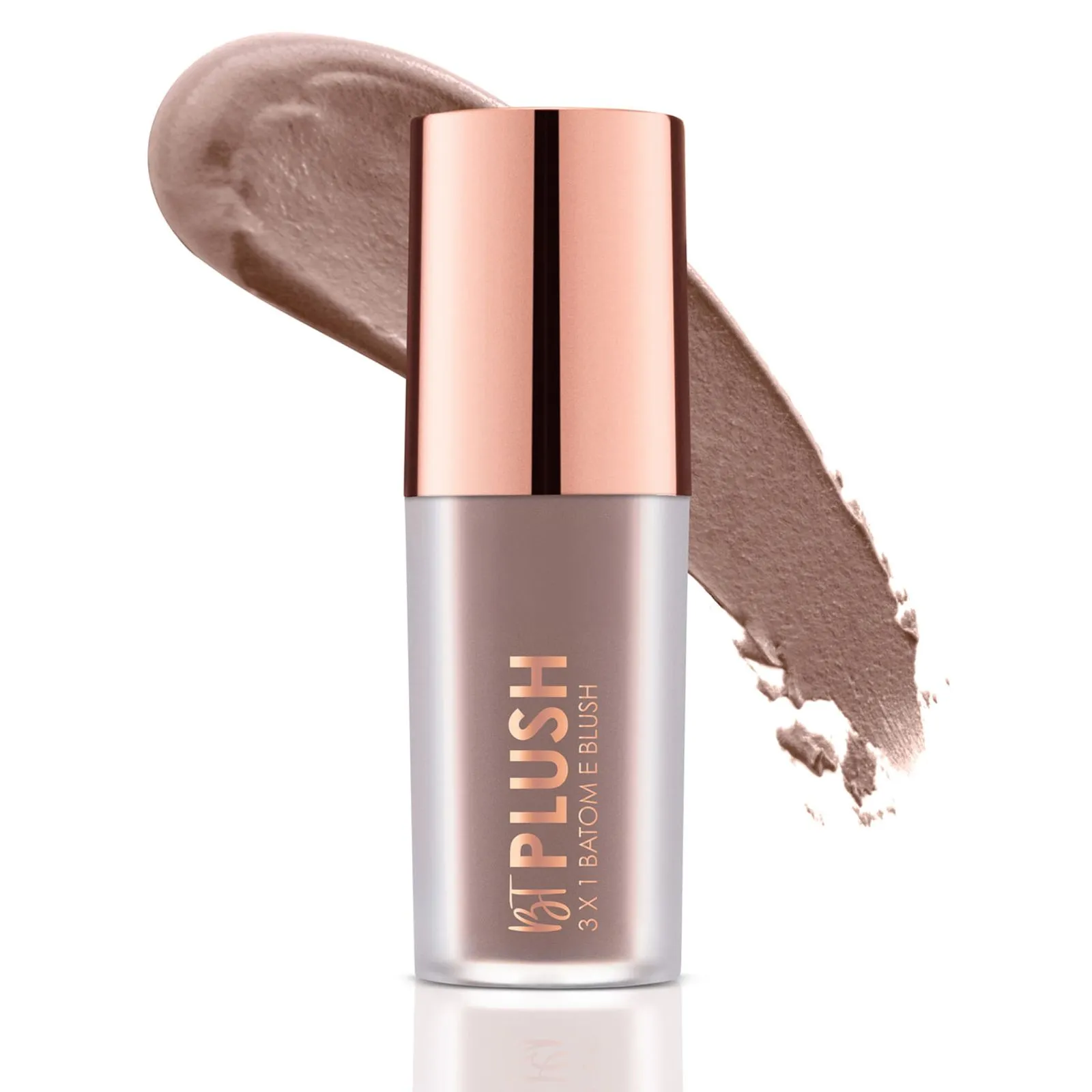 Frasco de batom líquido castanho com tampa dourada e texto PLUS 3X 1 BATOM E BLUSH