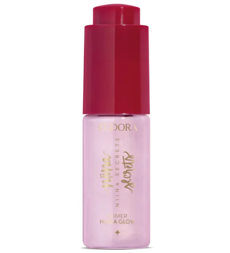 Frasco rosa translúcido com tampa vermelha e texto dourado