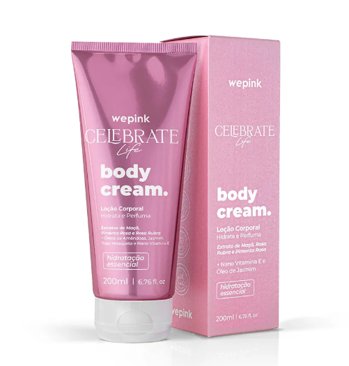 Creme corporal wepink Celebrate Life, embalagem cor-de-rosa com texto branco, 200ml