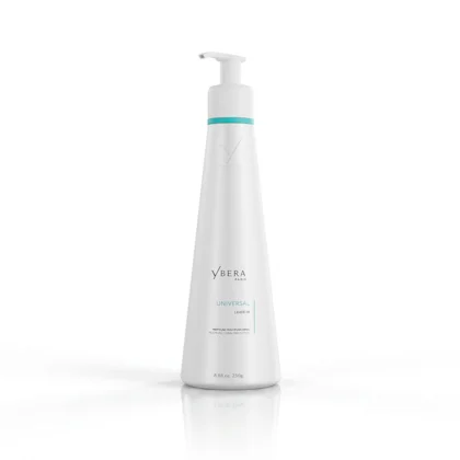 Frasco branco com doseador e rótulo Ybera Universal Lissage de 250ml