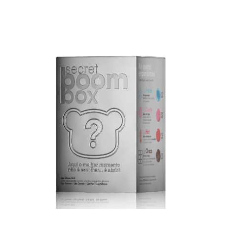 Caixa prateada do produto Secret Boom Box com relevo e texto em português