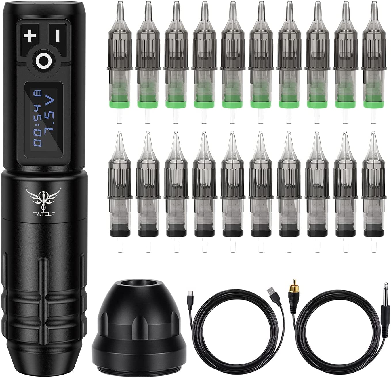 máquina de tatuagem preta com cartuchos e cabos