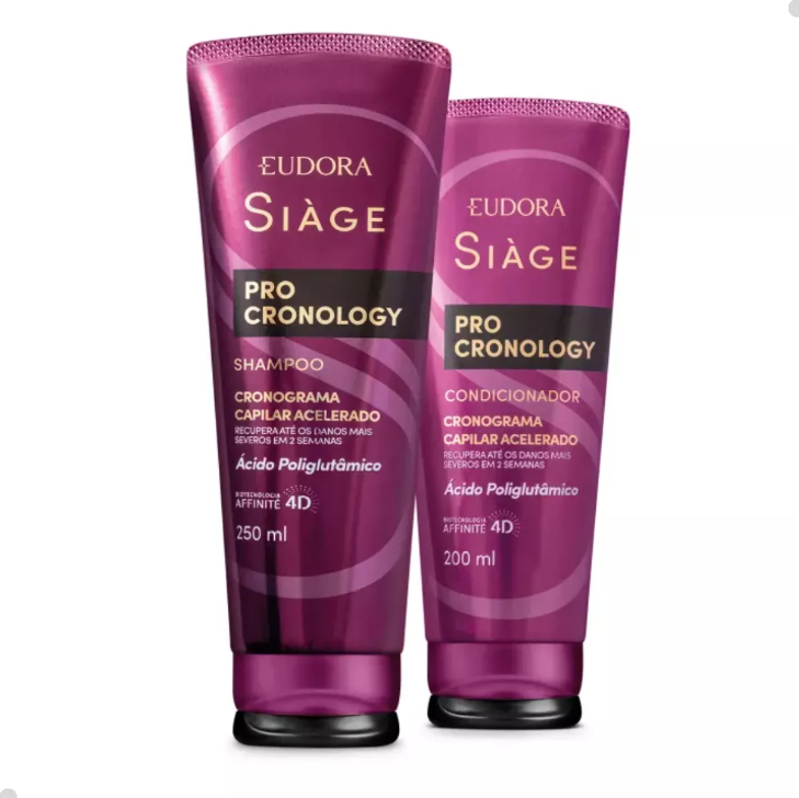 Dois tubos roxos de shampoo e condicionador Eudora Siàge Pro Cronology