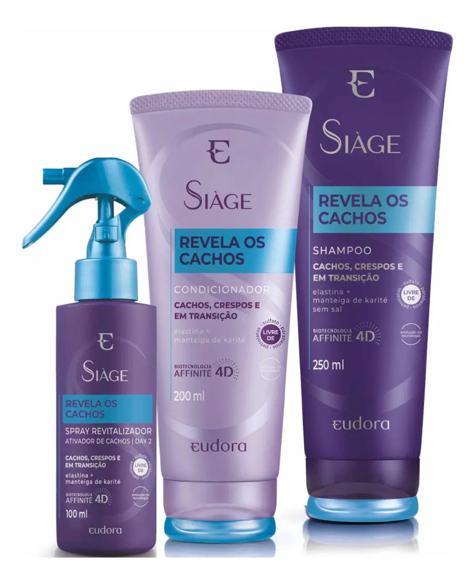 Conjunto de produtos para cabelo cacheado Eudora Siàge em embalagens roxas com rótulos azul e roxo.