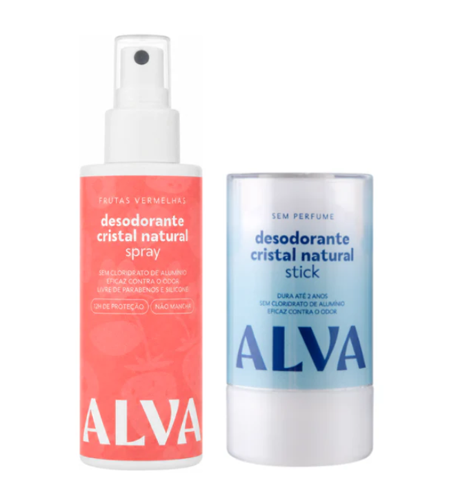 Dois desodorizantes ALVA, um spray vermelho e um stick azul