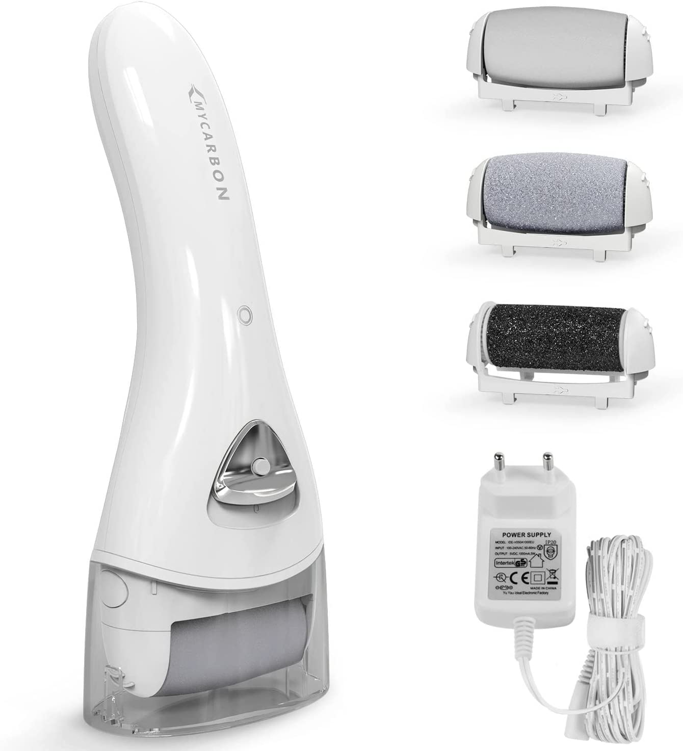 Dispositivo eletrônico branco com rolo removível e três recargas coloridas e adaptador de energia