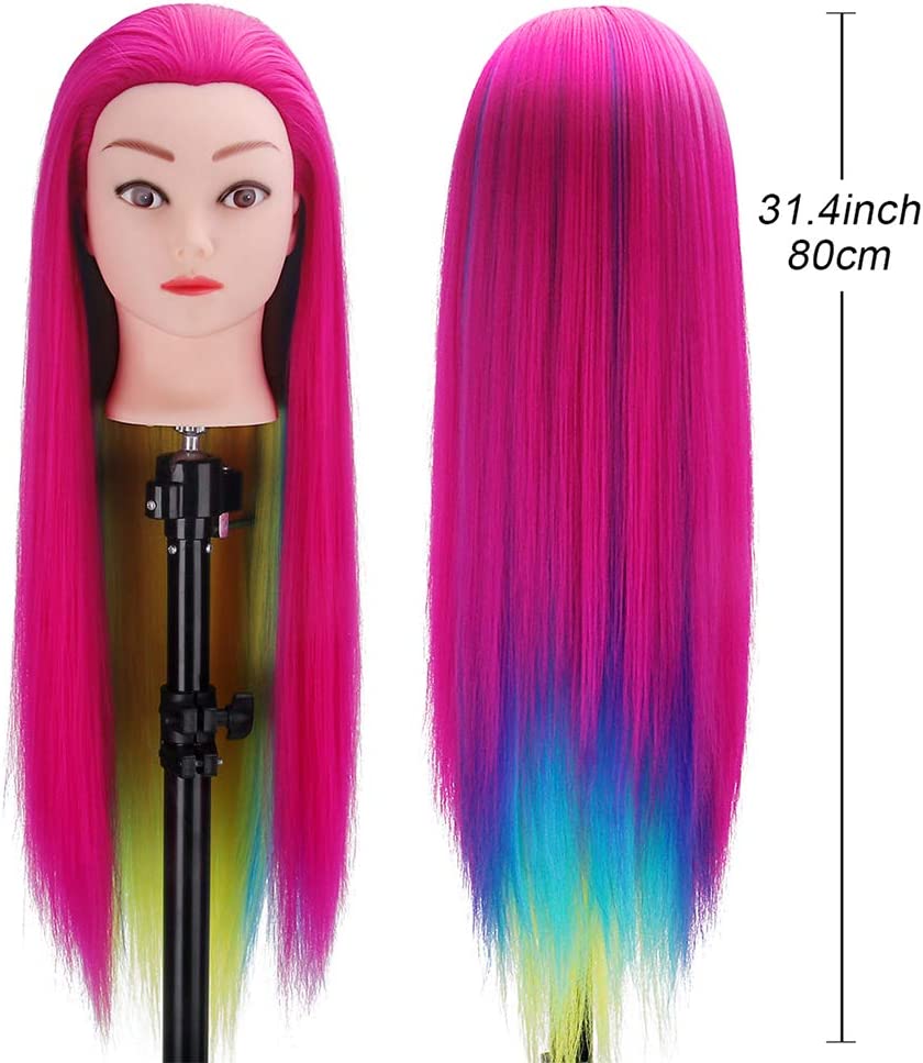 Cabeça manequim para treino com cabelo comprido colorido