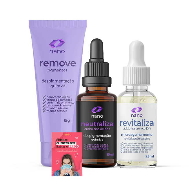 Produtos de skincare nano para despigmentação química e revitalização da pele com embalagem colorida e cartaz promocional rosa.