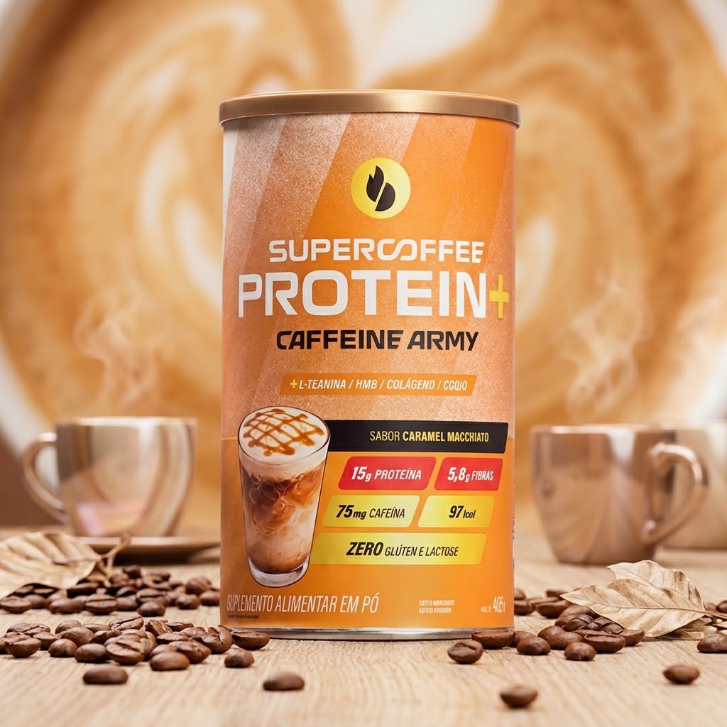 Embalagem laranja de suplemento em pó Supercoffee Protein+ com bebidas de café e grãos ao fundo