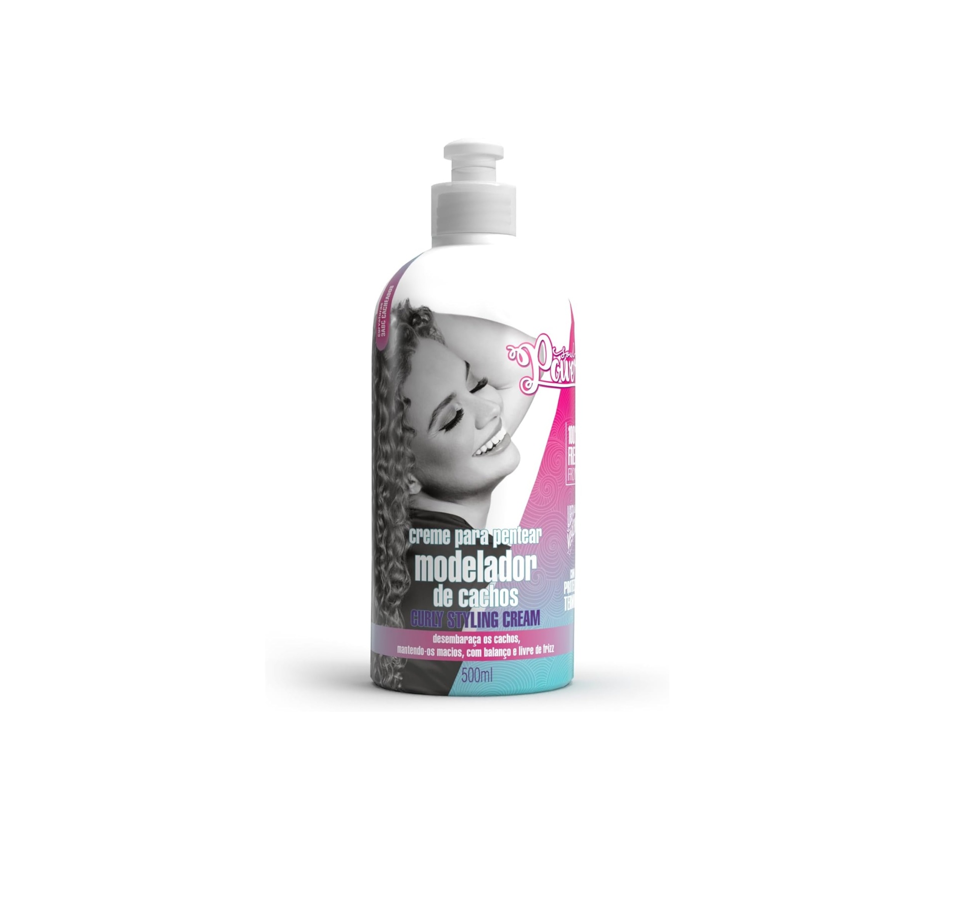 Frasco de creme para pentear modelador de cachos com imagem de mulher cacheada